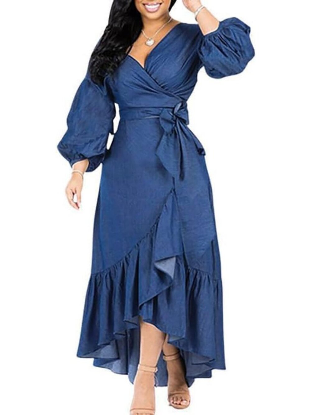 Casual Belted Long Sleeve Denim Maxi Dress with Ruffle Hem & V-Neck for Women